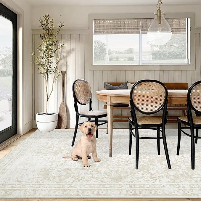Vintage Living Room Area Rug - 6x9 Large Machine Washable Boho Area Rug Distressed Floral Rugs for Bedroom, Soft Non-Slip Indoor Floor Accent Rugs for Office Dining Room (Cream Beige, 6'x9')