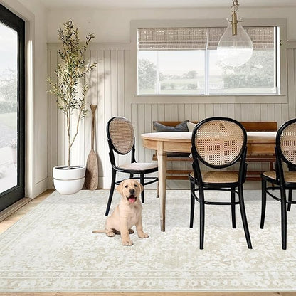 Vintage Living Room Area Rug - 6x9 Large Machine Washable Boho Area Rug Distressed Floral Rugs for Bedroom, Soft Non-Slip Indoor Floor Accent Rugs for Office Dining Room (Cream Beige, 6'x9')