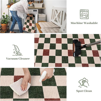 Machine Washable 5x7 Area Rugs for Living Room Clearance Checkered, Non Slip Low Pile Farmhouse Modern Neutral Playroom Boys Rugs for Bedroom, Carpet Rugs for Dining Room(Red,5'x7')