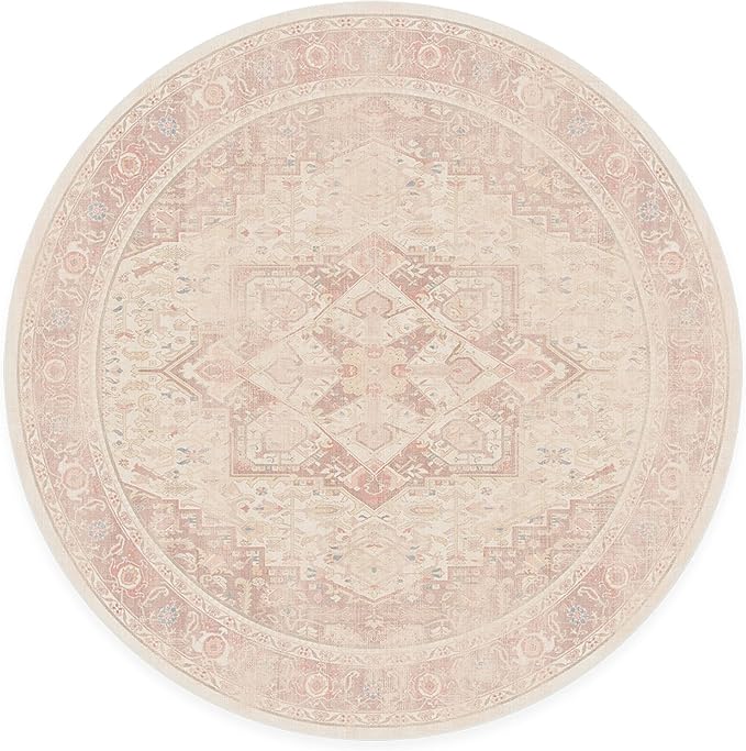 RUGGABLE Washable Area Rug – Kamran Soft Pink 6 ft Round, Stain-Resistant, Non-Slip – Medium Machine Washable Rugs for Living Room, Bedroom, Hallway, Entryway & Office–with Standard Pad
