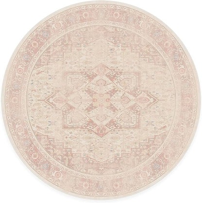 RUGGABLE Washable Area Rug – Kamran Soft Pink 6 ft Round, Stain-Resistant, Non-Slip – Medium Machine Washable Rugs for Living Room, Bedroom, Hallway, Entryway & Office–with Standard Pad