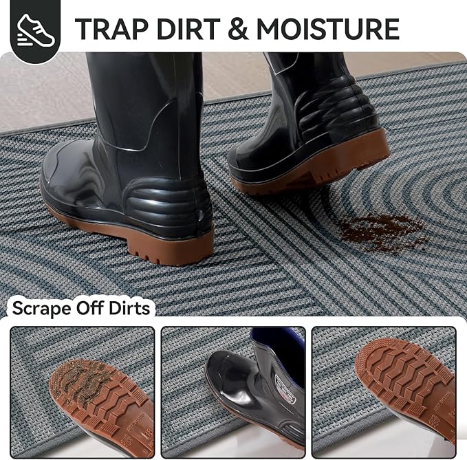Front Door Mat 24''x35'', Absorbent Muddy Dirt Resist Washable Non Slip Low-Profile Indoor Doormat, Easy Clean Welcome Entryway Door Mats, Grey