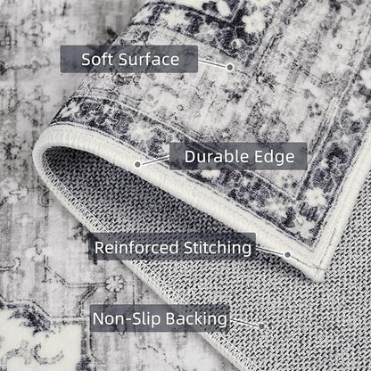 Runner Rugs for Hallway 2x6 Ft Non-Slip Fall Runner Rugs with Rubber Backing Washable Rug Runner for Kitchen Bedroom Vintage Distressed Carpet (Border Grey)