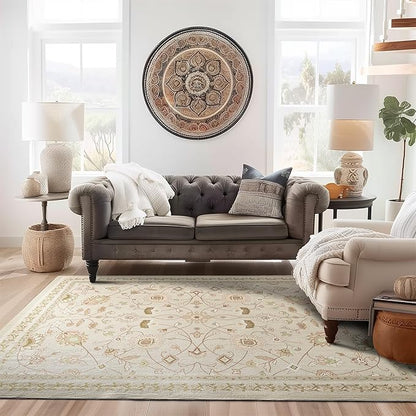 EVERGRACE Area Rugs for Living Room 8x10, Boho Floral Faux Wool Indoor Outdoor Rugs, Washable Rugs for Bedroom Dining Room Entryway Kitchen, Low Pile Floor Mat Carpet for Home Decor, Natural Beige