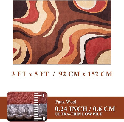 YIHOUSE Burnt Orange Rug 3x5 Washable,Farmhouse Brown Retro Carpets,Geometric Abstract Wavy Rug for Bedroom,Unique Colorful Rugs for Living Room,Dining Room,Bedside Rugs