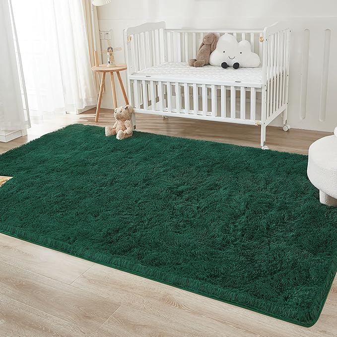 Andency Emerald Green Area Rugs 9x12 for Living Room Home Decor, Large Shaggy Bedroom Carpet, Non-Slip Big Shag Indoor Thick Soft Fluffy Furry Fur Area Rugs for Kids Dorm Nursery Aesthetic