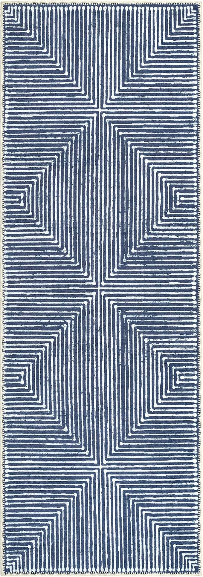 Bloom Rugs Washable Non-Slip 7 ft Runner - Blue Striped Runner for Entryway, Hallway, Bathroom, and Kitchen - Exact Size: 2.5' x 7'