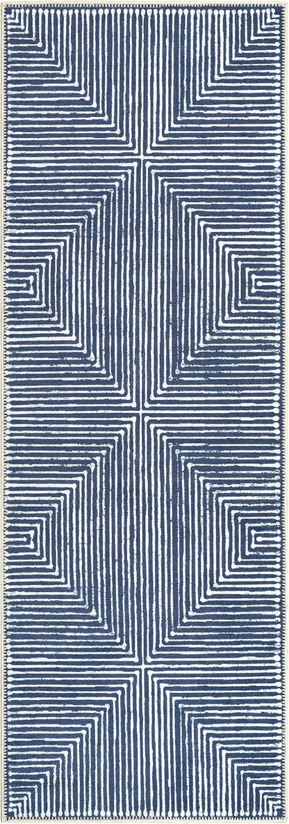Bloom Rugs Washable Non-Slip 10 ft Runner - Blue Striped Runner for Entryway, Hallway, Bathroom, and Kitchen - Exact Size: 2.5' x 10'