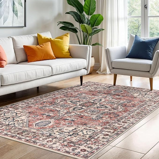 KOZYFLY Area Rug 4x6 Ft Washable Rugs for Entryway Non Slip Faux Wool Printed Throw Rug for Kitchen Bedroom Hallway Living Room Indoor Floor Decoration, Terracotta/Beige