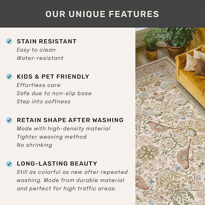 Washable Living Room Rug 8x10 - Country Style Beige Floral Area Rugs for Bedroom Under Bed, Dining Room Table Rug, Stain Resistant Non-Slip Neutral Farmhouse Décor with Light Blue and Green Accent