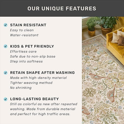 Boho Long Bathroom Runner Rug 2x6 - Floral & Bird Runner Rug for Kitchen Floor, Hallway, Laundry Room, Bedroom, Entrance, Beige Neutral Vintage Decor, Washable Non Slip Low Pile