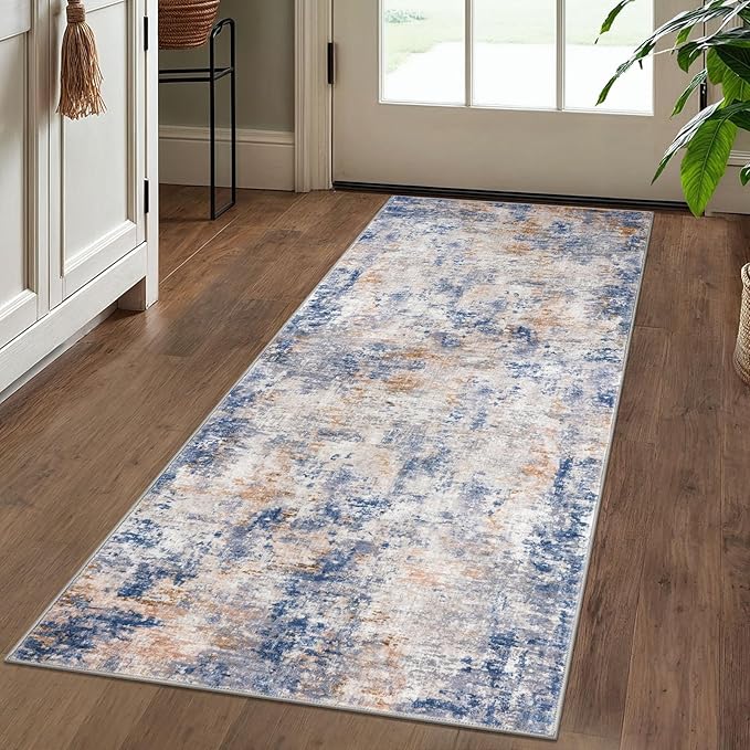 Modern Abstract Runner Rug 2x5, Grey Blue Orange Multi Washable Kitchen Runner Entryway Rug Mat Non-Slip Soft Hallway Rug Runner Thin Print Faux Wool Carpet for Bedroom Laundry Room Indoor