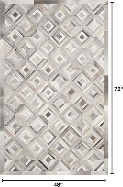 Premium Diamond Pattern Leather Area Rug, Geometric Cowhide Patchwork Carpet - 4X6 ft, Luxury Beige and Grey Non-Slip Floor Accent for Dining Room, Living Room, Hallway