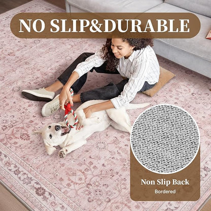 MontVoo-Vintage Area Rugs 8X10 Pink Rugs for Living Room-Soft Distressed Printed Rugs for Bedroom-Non Slip Carpet-Machine Washable Rug for Dining Room Living Room Bedside Office