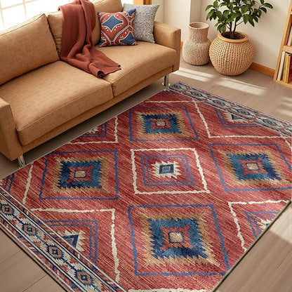 Area Rug 3x4 Rug Machine Washable Non-Slip Low Pile Print Pattern Western Rug for Living Room Bedroom Entryway Tribal Series-Red/Orange