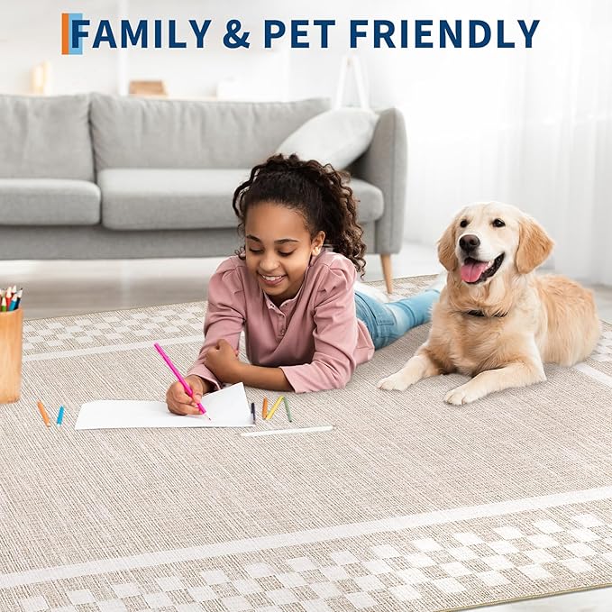 GarveeHome Area Rug 9x12 Living Room Rug Modern Bordered Soft Large Area Rugs for Bedroom Washable Checkered Dining Room Throw Carpet Non Slip Stain Resistant Geometric Rugs for Home Office, Beige