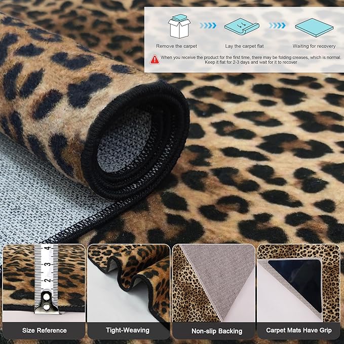 Leopard Rug 2x6 Runner Rug Washable Kitchen Runner Non-Slip Soft Modern Print Faux Wool Carpet for Hallway Indoor Entryway（2x6ft,Brown）