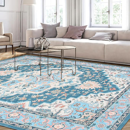 WILLSUN Washable Area Rugs, 8x10 Non-Slip Boho Large Area Rugs for Living Room, Bedroom, Machine Washable Vintage Rug, Indoor Floral Print Carpet for Home Decor, Kid & Pet Friendly Mat