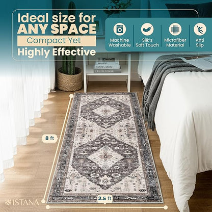 Istana Hallway Runner Rug 2.5x8 – Dark Grey Blue/Rose Mauve Entryway Rug -Silk's Soft Touch Runners for Hallways - Stylish Kitchen Runner Rug Non Slip