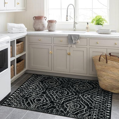 Wonnitar Moroccan 3x5 Rug, Black Washable Small Rug for Bedroom, Non-Slip Geometric Tribal Entry Throw Mat, Boho Farmhouse Rustic Soft Low Pile Area Rug for Bathroom Dining Guest Room (Black,3'x5')