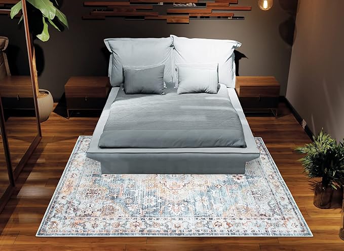 Bloom Rugs Washable Non-Slip 9' x 12' Rug - Teal/Peach Traditional Area Rug for Living Room, Bedroom, Dining Room, and Kitchen - Exact Size: 9' x 12'