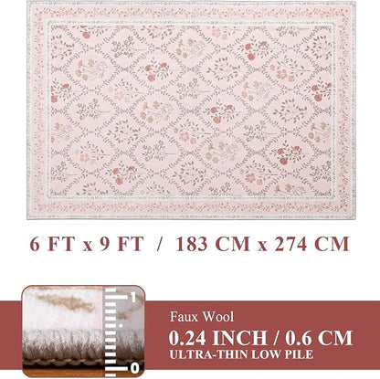 YIHOUSE 6x9 Washable Rug for Bedroom, Pink Floral Rugs for Living Room Non Slip Ultra-Thin Large Boho Rug for Kids Playroom, Classroom, Girls Dorm, Nursery, Pink Multi