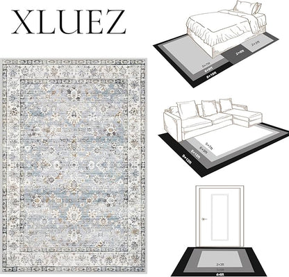 Area Rug 8x10 Living Room Rug, Machine Washable Vintage Distressed Boho Area Rug Non-Slip Soft Low Pile Large Indoor Rugs for Bedroom Kitchen Dining Room Office(Light Blue,8'x10')