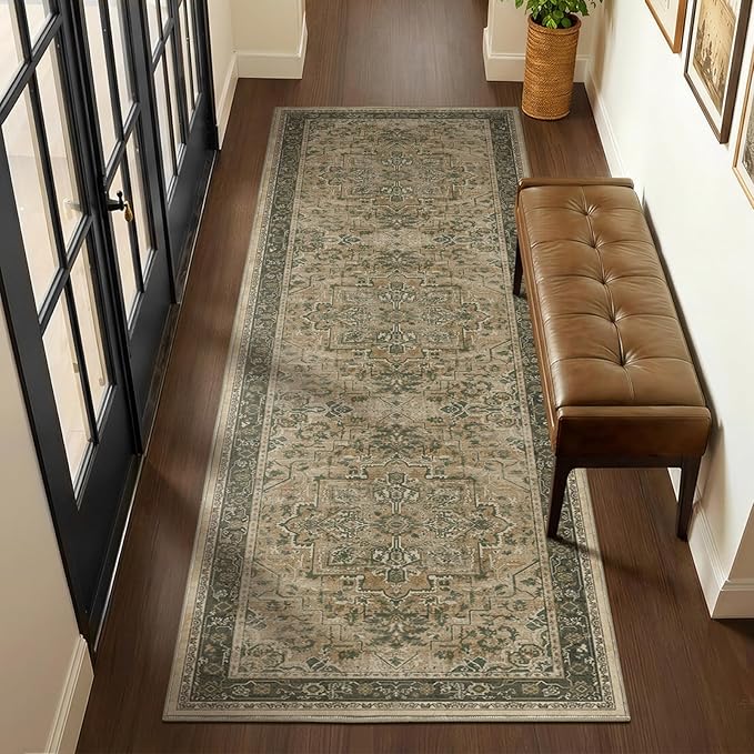 Medallion 3x7 Hallway Runner Rug, Washable Non Slip Runners for Kitchen Floor, Low Pile Thin Distressed Vintage Runner Carpet for Entryway/Mudroom/Foyer/Bathroom/Bedroom, Multi Brown/Olive