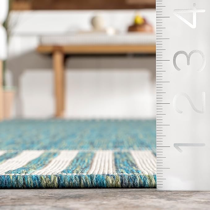 Nuloom Asha Teal/Ivory, 9'6" x 12', Casual, Striped Border, Soft and Cozy, High Traffic, Stain Resistant, Easy Clean, Durable Area Rug for Indoor/Outdoor Patio, Deck, Porch, Garden, Courtyard