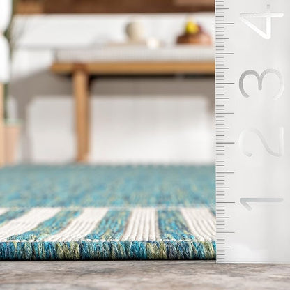 Nuloom Asha Teal/Ivory, 4' x 6', Casual, Striped Border, Soft and Cozy, High Traffic, Stain Resistant, Easy Clean, Durable Area Rug for Indoor/Outdoor Patio, Deck, Porch, Garden, Courtyard