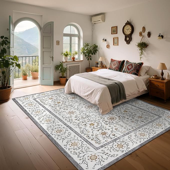GarveeHome Boho 5x7 Area Rug for Bedroom, Floral Vintage Rugs for Living Room with Soft Low Pile, Non Slip Botanical Washable Rugs 5x7 for Dining Room Grey Carpet for Entryway Dorm Office Playroom