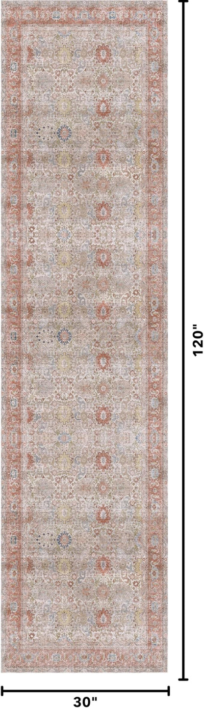 Kuden 2'6"x10 Runner Rug, Machine Washable Area Rug with Non-Slip Backing, Vintage Style, Soft, Easy Clean, Low Pile Rug for Hallway, Entryway, Kitchen, Bedroom