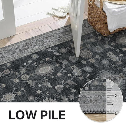 GENIMO Machine Washable 8x10 Area Rugs for Living Room, Non Slip Vintage Rugs, Low Pile Lightweight Chenille Print Rug for Bedroom, Dining Room, Home Office, Charcoal