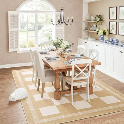 Vasofe Checkered Jute 5x7 Area Rugs, Washable Outdoor Patio Rug for Living Room Bedroom Indoor Carpet, Non Slip Modern Farmhouse Neutral Geometric Rugs Office Porch Dining Room Mat, Khaki and White