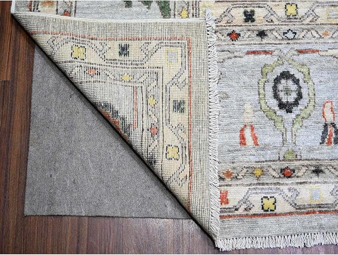 Goose Gray Afghan Angora Oushak with All Over Colorful Pattern Vegetable Dyes Organic Wool Hand Knotted Square Oriental Rug (11'9"x11'9")