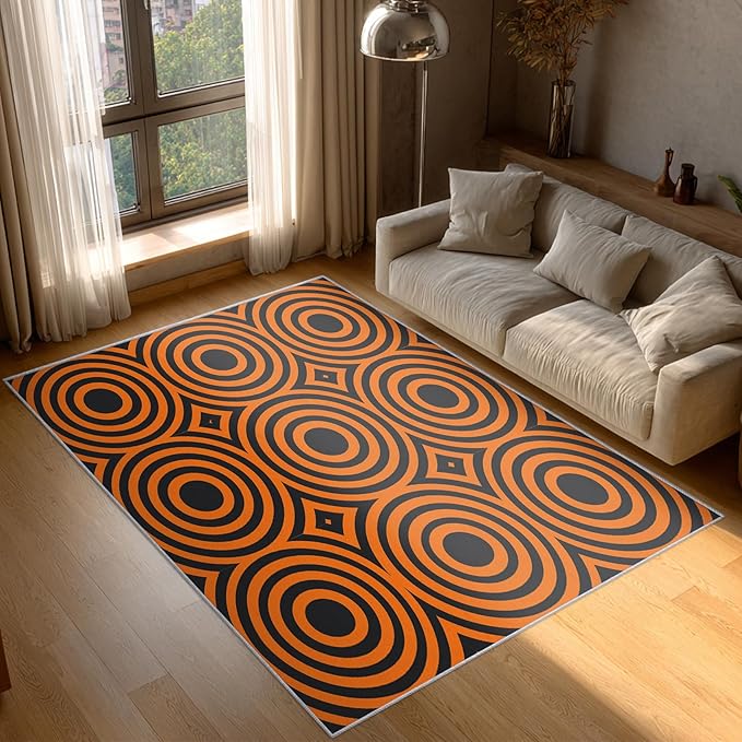 6x9 Geometric Circle Rugs for Bedroom Decor, Washable Retro 60s 70s Geometry Pattern Area Rug, Living Room Home Decoration, Non Slip Soft Thin, Black Orange Decor Carpet PF-P 49