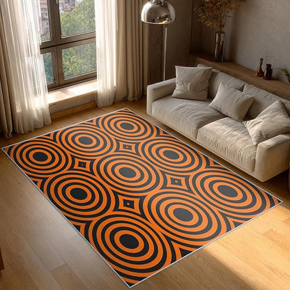4x6 Geometric Circle Rugs for Bedroom Decor, Washable Retro 60s 70s Geometry Pattern Area Rug, Living Room Home Decoration, Non Slip Soft Thin, Black Orange Decor Carpet PF-P 49