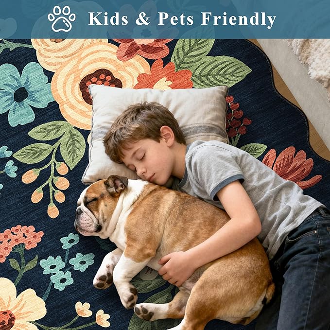 DUKINO 2x6 Runner Rug for Hallway, Washable Kitchen Rug with Non Slip Backing & Non-Shediing, Soft Low Pile Floral Design Runner for Bedroom, Kithchen, Living Room, Laundry, Bathroom, Navy Blue