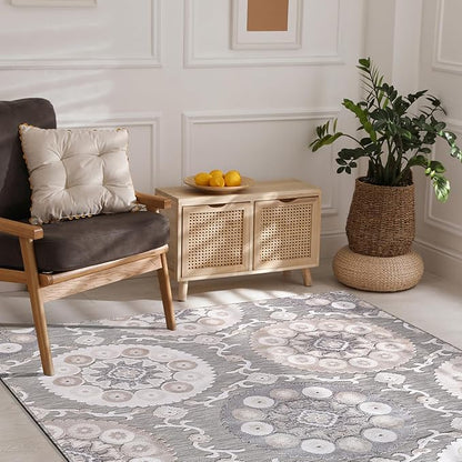 CAMILSON Indoor Outdoor Rug 10x14 Bohemian Medallion Floral Area Rugs for Indoor and Outdoor Patios Easy-Cleaning Non-Shedding Living Room Garden and Kitchen Washable Outside Carpet (10 x 14 / Beige)