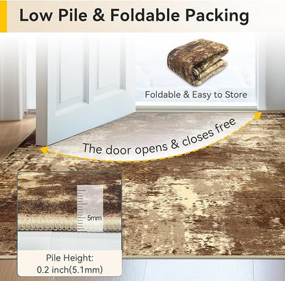 Washable Area Rugs 2'x6' Non-Slip Modern Abstract Soft for Living Room Entryway Bedroom Nursery, Print Pattern, Brown Tan Beige Coffee