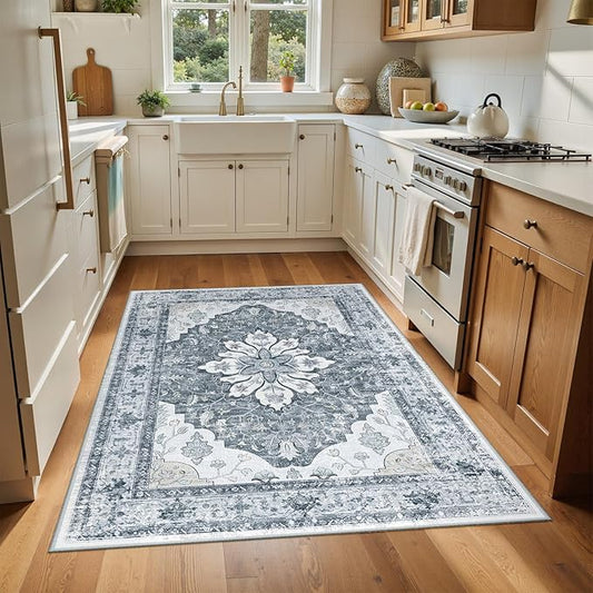 Area Rugs 4'x6' Washable Non-Slip, Floral Vintage Distress Print Pattern Medallion Carpet for Living Room Bedroom Dining Room, Light Gray Grey White