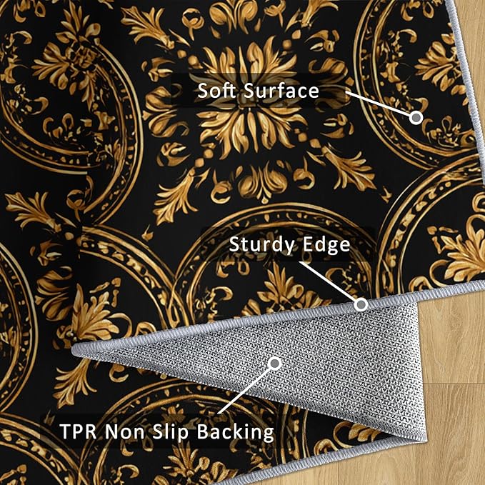 Black Gold Baroque Rug, Washable 6x9 Rug for Living Room, Floral Geometric Patterned Indoor Carpet, Black Gold Baroque Decor for Home, Bedroom, Soft Non Slip Thin Design FER71