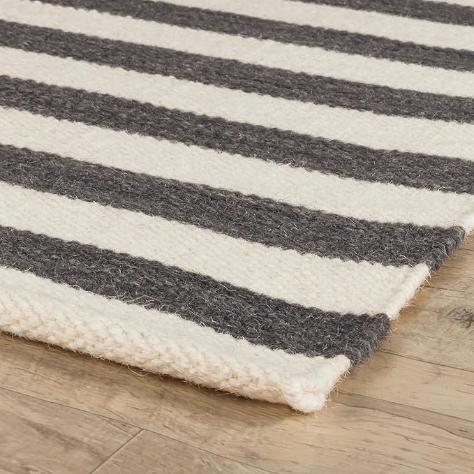 Home Conservatory Ladder Stripe Black/Ivory Handwoven Wool 6 X 9 Feet, Black/Ivory Stripe Pattern