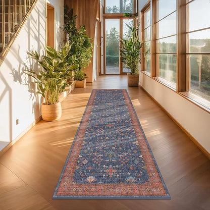 Washable 3x8 Long Runner for Wide Kitchen Floor - Navy Blue 8ft Hallway Runner Rug, Pet Friendly Waterproof Non Slip with Rubber Backing, Stain Resistant Area Rug