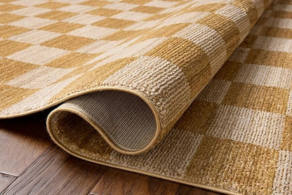 Loloi Chris Loves Julia Calvin Collection CLV-01 Apricot/Ivory 5'-3" x 5'-3" Round Area Rug Checkered Neutral Soft Living Room Bedroom Carpet