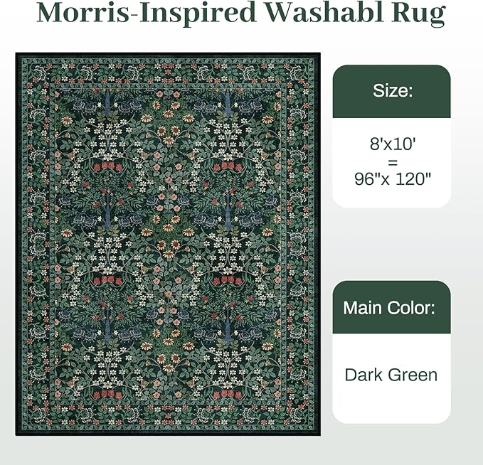 8x10 Area Rugs Living Room Rug - Floral Vintage Forest Washable Carpet, Low Pile Non-Slip Stain Resistance Boho Soft Large Carpet for Bedroom, Dining Room, Office, Farmhouse (8'x10' Dark Green)