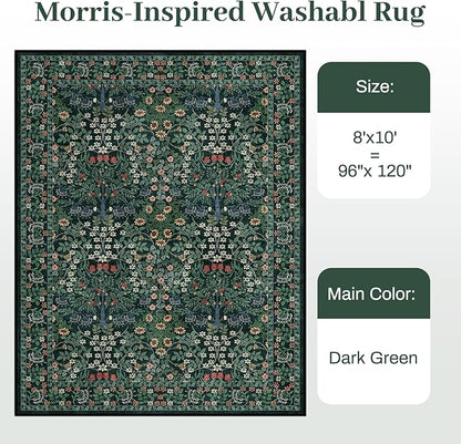 8x10 Area Rugs Living Room Rug - Floral Vintage Forest Washable Carpet, Low Pile Non-Slip Stain Resistance Boho Soft Large Carpet for Bedroom, Dining Room, Office, Farmhouse (8'x10' Dark Green)