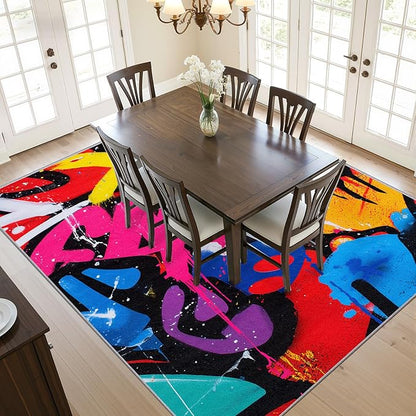Colorful Area Rugs - Geometric Abstract Art Rug 4x5, Retro Funky High Traffic Shed Resistant Carpets Room Decor #C069