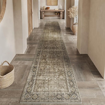 Brown Runner Rug 2x14 Vintage Area Carpet Hallway Long Indoor Kitchen Washable Living Room Low Pile Traditional Distressed Retro Accent Throw Rug Non Slip Laundry Bathroom Office Dining Room