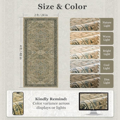 2x4 Entryway Small Rug, Retro Distressed Medallion Door Mat Indoor Entrance Entry Way, Washable Non Slip Low Pile Thin Runner Rug for Kitchen Floor Sink Area Bathroom, Multi Brown/Olive